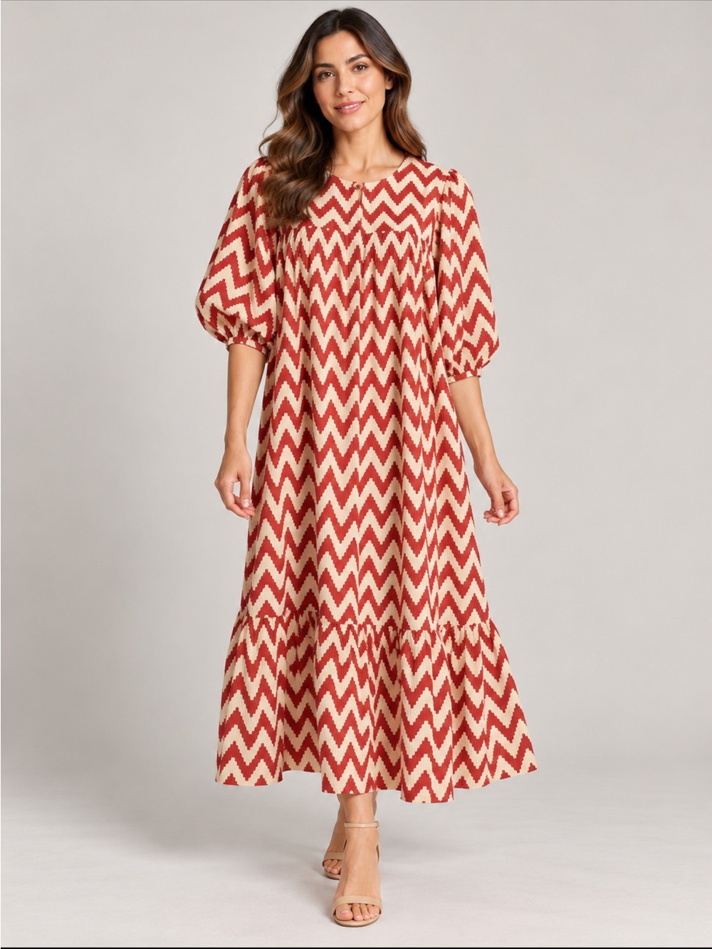 Anthropology SONMER Simona Zig-Zag Printed button front cotton Maxi Dress Red &
